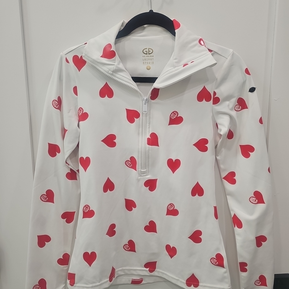 NWOT Goldbergh Quarter Zip Ski Pully. White with red hearts